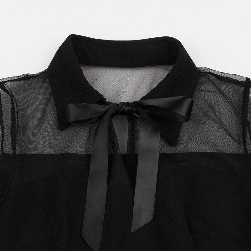 Bow Neck Mesh Sleeve 2021 Spring Summer Elegant Vintage Style High Waist Pocket Side Mini Dress