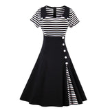 Vintage Retro Cotton Black Navy Blue Striped Patchwork Robe Pin Up Swing Women Casual Dresses