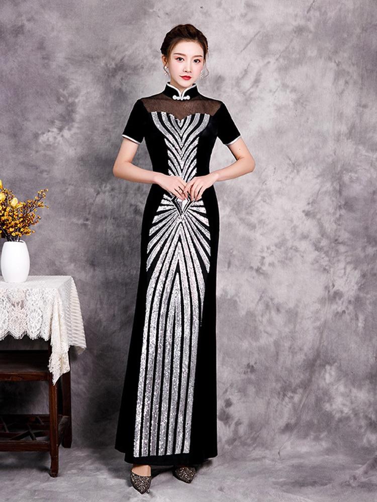 High neck Short Sleeve Evening Dress Vintage Velor Sequins Women Formal Robes Black Elegant Vestidos