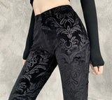 Women Floral Embossed Velvet Skinny Vintage Flare Pants High Waist Streetwear Spring Black Trousers