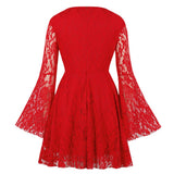 Elegant Red Lace Long Flare Sleeve Wedding Party Formal Gowns Short Black Dinner Dress