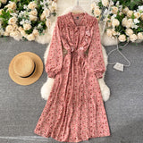 Women Casual Autumn Lady  Vintage Floral Printed Chiffon Shirt Dress Long Sleeve Bow Midi Spring Summer  Vestido