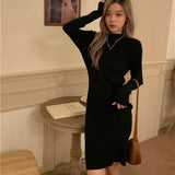 Women Autumn Winter Slim Sweaters Bodycon Dress Knitted Jumper Vestidos Femme Full Sleeve Knee-Length Female Dress