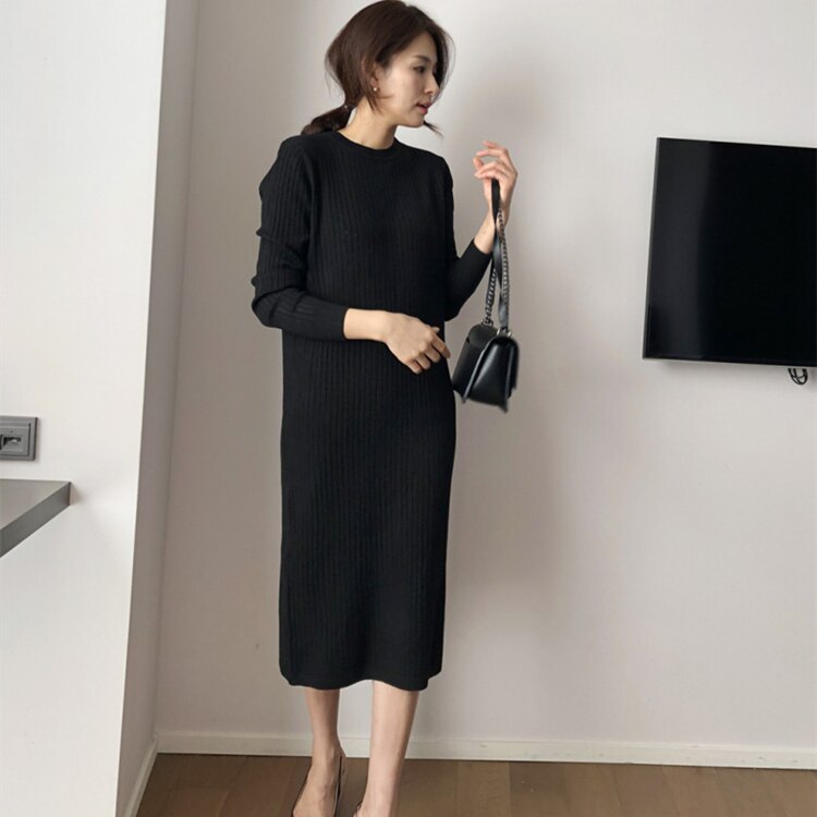 Elegant Women Sweater Dress O-Neck Full Sleeve Stretch Solid Vestidos Female Maxi Knitted Slim Dress