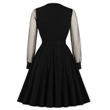 Little Black Formal Long Sleeve Mesh Sashes V Neck Robe Pin Up Swing Party Ladies Dresses