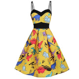 Multicolor Print Spaghetti Strap High Waist Pleated Pin Up Dress