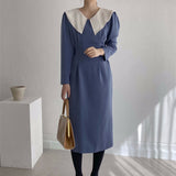 Female Elegant Office Lady Peter Pan Collar Dresses Autumn Women Long Sleeve Sheath Straight Vestidos