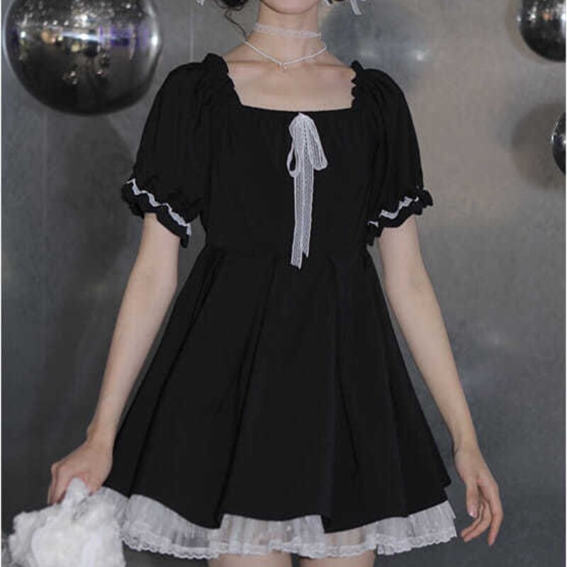 Kawaii Lace Up Gótico Puff Sweet Dress - Loja de Moda Kawaii