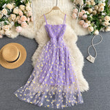 2021 Women Fashion Elegant Sexy Mesh Midi Dress Female Floral Print Spaghetti Strap Party Vestdios