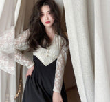 Patchwork Lace Elegant Dress Women Autumn High Waist Vintage Party Midi Dress Female Casual Long Sleeve Sweet Fairy Dress