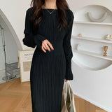 Spring Women Elegant Midi Slim Solid Black Pleated Dress Office Lady Fashion Bodycon Long Sleeve Dress