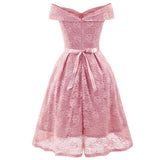1950s Vintage Pink Lace V Neck Off The Shoulder Midi Swing Short Evening Formal Dress