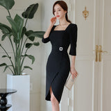 New Women Sheath Pencil Dress Female Elegant Slim Bodycon Dresses Korean Knee-Length Work Casual Vestidos