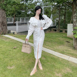 Women Elegant V-Neck Dress Vintage Flying Sleeve Slim Lace Up Dress 2021 Ladies Midi Vestidos