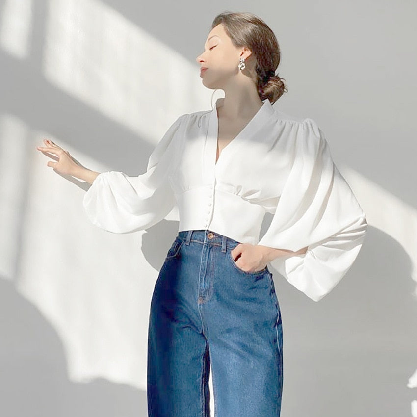 Elegant Lantern Long Sleeve Women Top V Neck Button Up Vintage Blouse Shirts