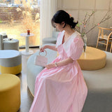 Korean Pink Kawaii Dress Women Fit Chic Designer Sweet Long Elegant Dress Summer 2021 Casual Puff Sleeve Party Pleated Dress