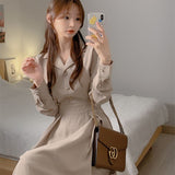 Spring Women Notched Collar Dress Puff Sleeve High Waist Female Midi Dress Elegant A-Line Vestidos