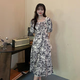 2021 Women Summer Clothes Vintage Style Off Shoulder Puff Sleeve Print Square Collar Split Holiday Midi Dress Vestido