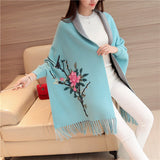 Winter Knitted Women Poncho Tassel Floral Embroidery Cardigans Batwing Sleeves Sweater Loose Shawl