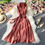 Summer Elegant Shirt Dress Summer Single Breasted Belt Short Sleeveless  A Line Casual Satin Dresses For Women