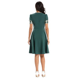 Dark Green Vintage V Neck Patchwork Plaid Short Sleeve Robe Pin Up Swing Retro Dress
