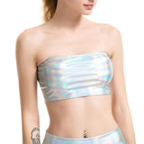 2 Pcs/Set Co-ord Shiny Silver Holographic Tube Top Metallic Wet Look A-line Mini Skirt Clubwear