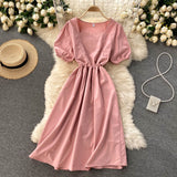 Vintage Square Neck Short Puff Sleeve Waist Back Tie Chic Casual Midi Dress