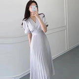 Women Elegant  Summer New V-Neck High Waist Slim Office Lady Casual A-Line Pleated Bandge Dress Vestidos