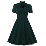 Black Women Short Sleeve Hollow Out Robe Pin Up Swing Plus Size Office Ladies Dresses With Pockets