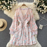 Tie Dye Printed Elegant Chiffon Dress Front Buttons Deep V Neck Long Sleeve Mini Dress