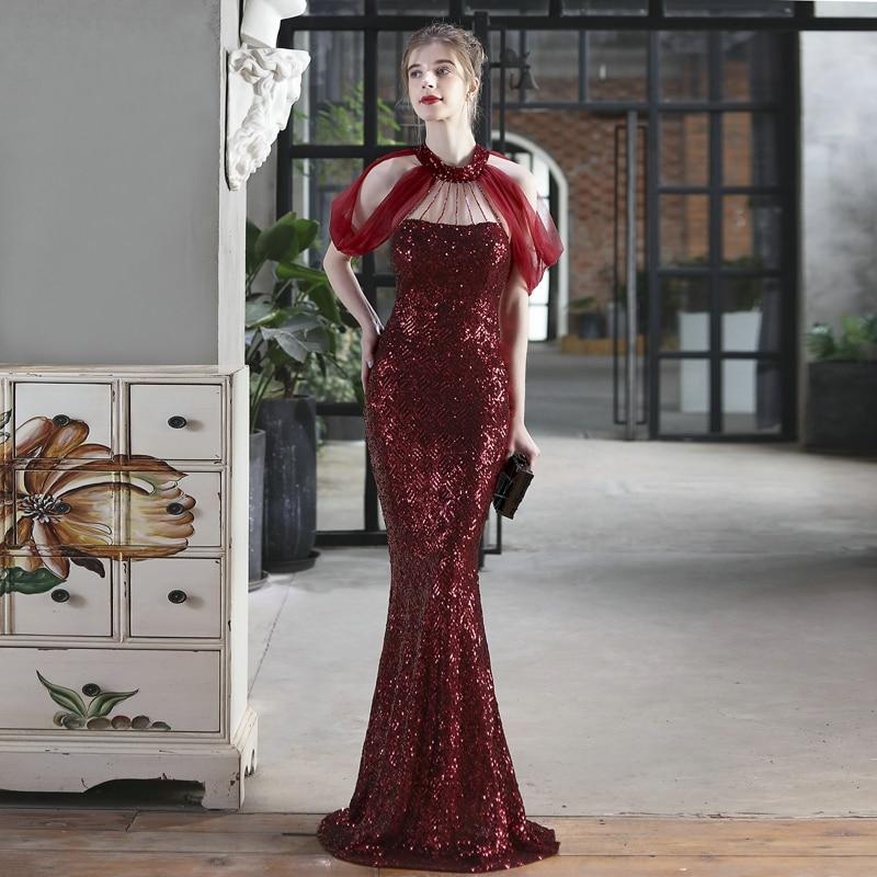 Elegant Off Shoulder Evening Dress Burgundy Sequin Dress Beads Dress