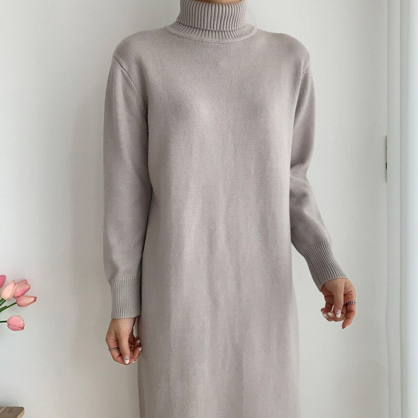 Autumn Winter Turtleneck Oversized Sweater Dress Elegant Long Sleeve Solid Cozy Casual Knitted Midi Dress