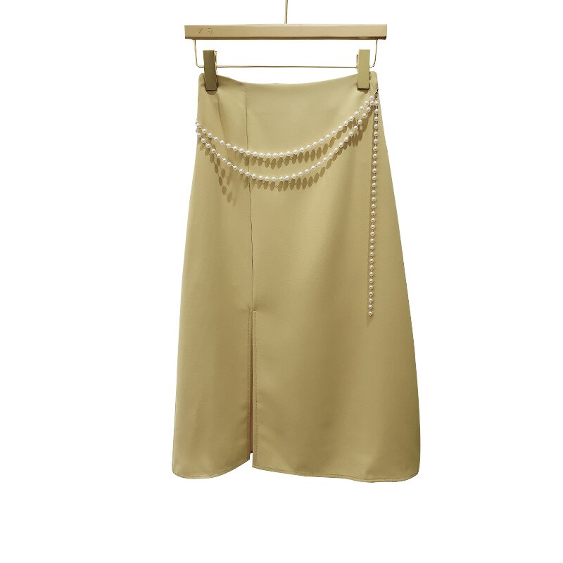 Spring Women High Waist Pearl decoration Bodycon Casual Solid Split Hem Elegant Skirts