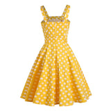 2021 Yellow 50s Pinup Vintage Button Front Polka Dot Summer Tank Rockabilly Dresses Women Party Belted Cotton Midi Dress