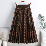 High Waist Fall Winter Letter Knitted Pleated Skirts Elastic Waist A Line Casual Midi Skirt