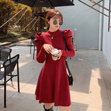 Women Winter Puff Sleeve Casual Dress Female Long Sleeve O-Neck Mini Rib Knitted Slim Wrap Dress