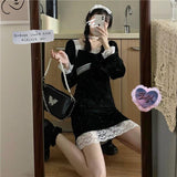 Black Gothic Dress Women Winter Elegant Lace Patchwork Party Dress Female High Street Japanese Kawaii Korean Dress Women 2020