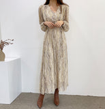 Spring Women V-neck Print Dress 2021 Female Full Sleeve Lace-up Waist A-line Vestidos Femme