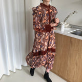 Fashion Printing Long Ruffle Sleeve Autumn Women's Lace Up Dress Casual Chic Loose Female Clothing Robe Dresses