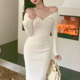 Winter Elegant Knitted Dress Women Solid Sexy Bodycon Party Midi Dress Female Casual Korean Fashion One Piece Sweater Dress 2021