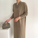 V Neck Long Sleeve Solid Cozy Casual Knitted Dress Autumn Winter Midi Dress Elegant Loose Dress