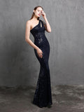 Elegant One Shoulder Mermaid Sequins Cocktail Party Dress Sleeveless Slim Tassels Crystal Prom Gowns Women's Formal Dress Long