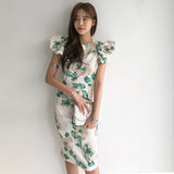 Women Sexy  Puff Sleeve Office lady Vestidos Summer  Elegant Slim Waist Female print Dresses