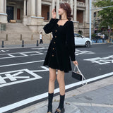 Women Vintage Velvet Puff Sleeve Single Breasted Buttons Dress Elegant Square Neck Harajuku Fashion Female Vestido