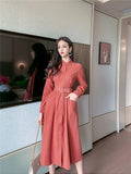 2021 Autumn Ladies Belted Long Dress Elegant Single-breasted Women Long Sleeve Solid Color Dress Office Ladies Vestidos