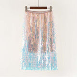 Women Tassel Sequins Patchwork Ladies Streetwear Casual High Waist Holographic Fringed Long Skirt