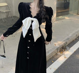 French Black Velvet Midi Dress Women Korean Fashion Evening Party Dress Office Lady Bow Design Lace Vintage Dress 2021 Autumn