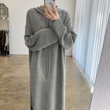 Winter Loose Casual Women Hooded Long Sleeve Midi Dress Side Slit Warm Knitted Sweatshirt Hoodie Dress