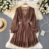 Ruffle Hem Chiffon Dress Spring Fall V Neck Long Sleeve Elastic Waist Casual Mini Dress