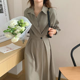 Turn-Down Collar Office Wrap Shirt Dress Autumn Long Sleeve Button Up Vintage Elegant Midi Dress